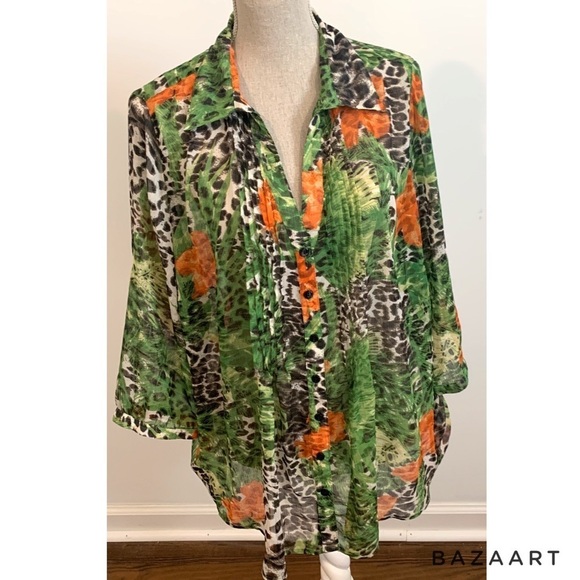 Canda C&A  Sheer Women Blouse Leopard print 3/4 Sleeves Sz:  US 2XL/EU 50-52 - Picture 2 of 5